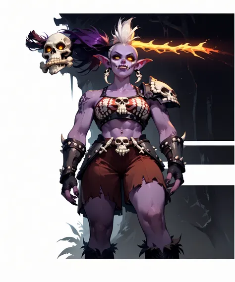 Trolls
large pointed ears, large nose, fangs
tusks, sexy beautiful female troll,  toned body,, curvy, dark  purple skin, white hair, (big high mohawk hairstyle:1.2), tribal tattos, sexy, ((very dark purple skin:1.1)) (dark purple skin:1.1) big tusks, raise...