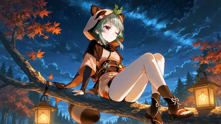  sayu (genshin impact) a girl laying on a tree branch in the woods with a forest background and a sun shining behind her and a red maple tree in the foreground, night sky in the background, starry sky, tree, raccoon hood , cloudy sky, forest, full body, pu...