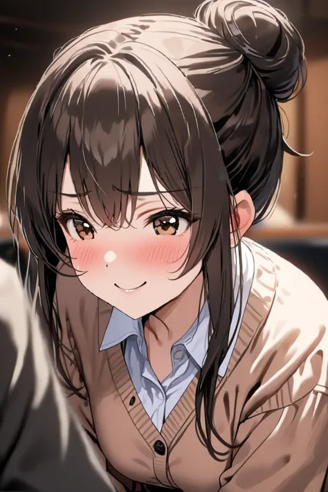 op quality, masterpiece, high resolution, 8k, (1 girl), Alone, (face shot), (((Put the semi-long black hair together in an up and make a small bun))),  troubled face, smile, (close up), ( toro face), Blush and watch the audience, milf, pink open collar shi...