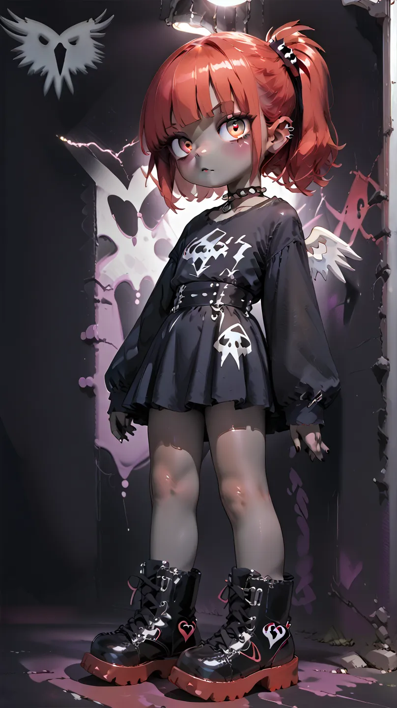 , gothic angel, gothic clothing, gothic boots, red hair, ember eyes, ((((black skin)))), gothic background, full body 