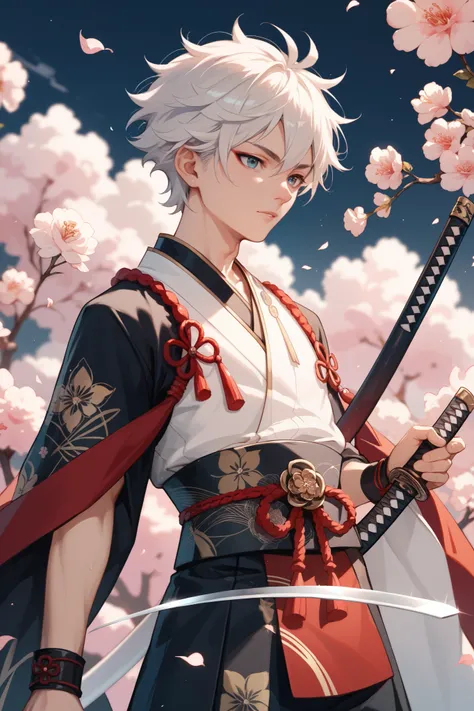 A young 18-year-old boy. feudal style clothes. sword katana with drawings on the blade. clothes and white hair, with Japanese flower details.