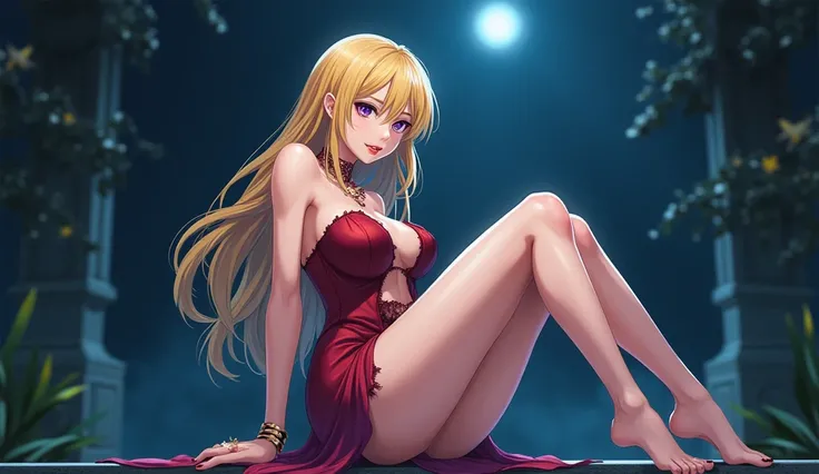 An anime  Hybrid Race girl with fair skin, Gold hair,chest cup J, beautiful feet, wearing a dress outfit with a torn top,Short skirt that looks sexy. picture full body, night time.