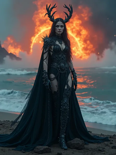 Beautiful Female cosmic entity,chain dress standing on a planet with endless sea,with blue planet earth in pieces and huge explosion behind her in the background,spilled with red and black goo,dark makeup,dark surrealism,dark realistic photography, dark oc...