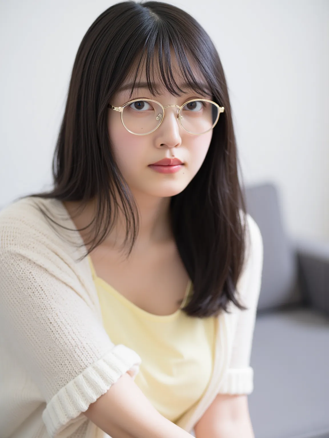  portrait of a young Asian woman named Kuboshi ,  long dark hair, Wearing round glasses, yellow top, And a white ,  textured cardigan . she is sitting on a gray sofa facing a simple light wall,  that creates a quiet and introspective atmosphere . (( micro ...