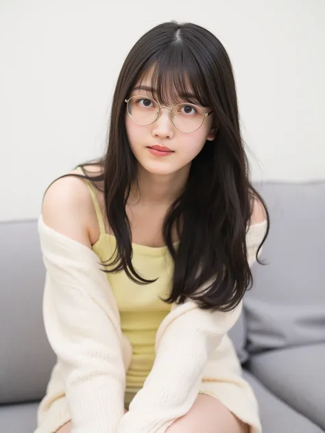  portrait of a young Asian woman named Kuboshi ,  long dark hair, Wearing round glasses, Yellow top, And a white ,  textured cardigan . She is sitting on a gray sofa facing a simple bright wall,  that creates a quiet and introspective atmosphere . (( micro...