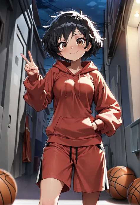 masterpiece,best quality,absurdres, 1girl, dani phantom, petite, medium breasts, hips, short hair, black hair, messy hair, disheveled clothes, brown eyes, ((red baggy hoodie)), ((long baggy black shorts, basketball shorts)), ((oversized clothes)), v, smile...