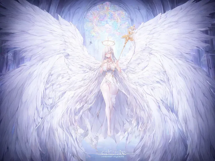 masterpiece, best quality, amazing quality, very aesthetic,  high quality, angel, six wings angel, adult female,  three pair big wings, holding a great holy Scepter,  anime, sole, very very very very long hair , High Resolution, Bright Pupils, Asymmetrical...