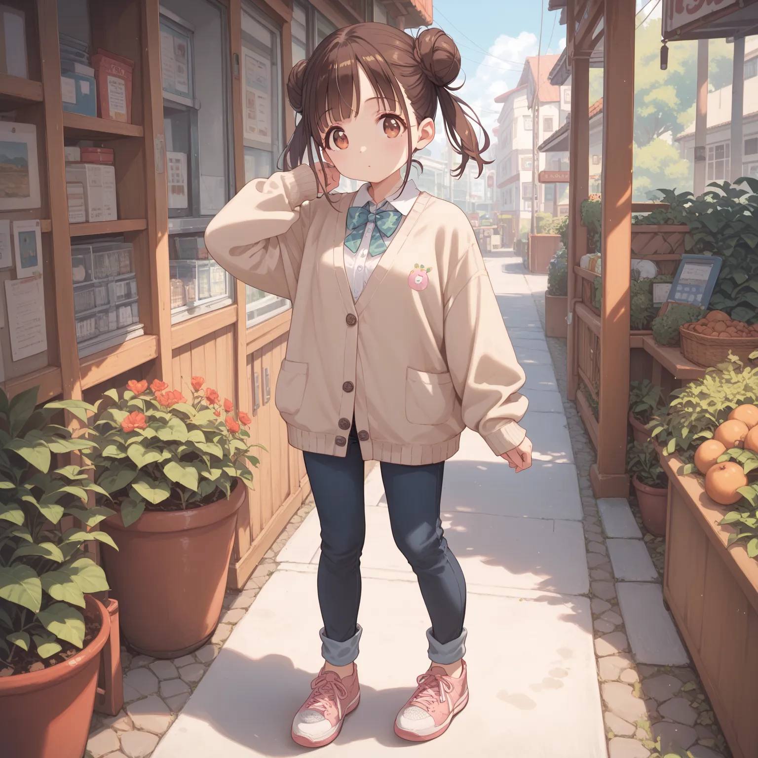 (shiny body=:1.0),(full body=:1.0),(1 girl,solo,sonoda chiyoko,double bun,twintails,brown eyes,brown hair=:1.0),(Knit Cardigan and Pants Set=:1.0),(ultra detailed,best quality,absolutely resolution=:1.0)