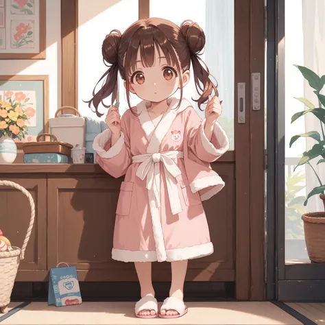 (shiny body=:1.0),(full body=:1.0),(1 girl,solo,sonoda chiyoko,double bun,twintails,brown eyes,brown hair=:1.0),(Bathrobe    =:1.0),(ultra detailed,best quality,absolutely resolution=:1.0)