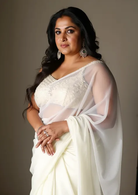 arafed woman in a fully transparentwhite sari, looks like Sandeepa Dhar, thick figure, chubby mallu aunty, heavy physique, voluptuous, curvy, traditional beauty, hindu aesthetic, assamese aesthetic, traditional makeup, indian goddess, indian girl with brow...