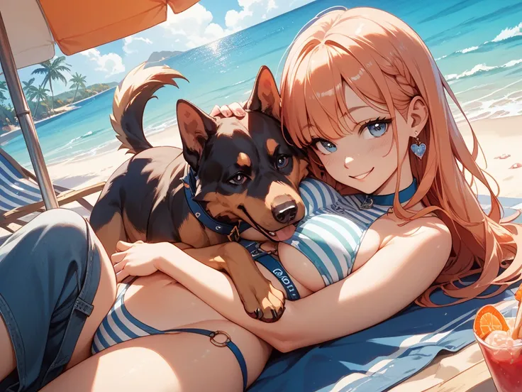  healthy woman 、Smiling at the beach、A dog snuggling up beside you