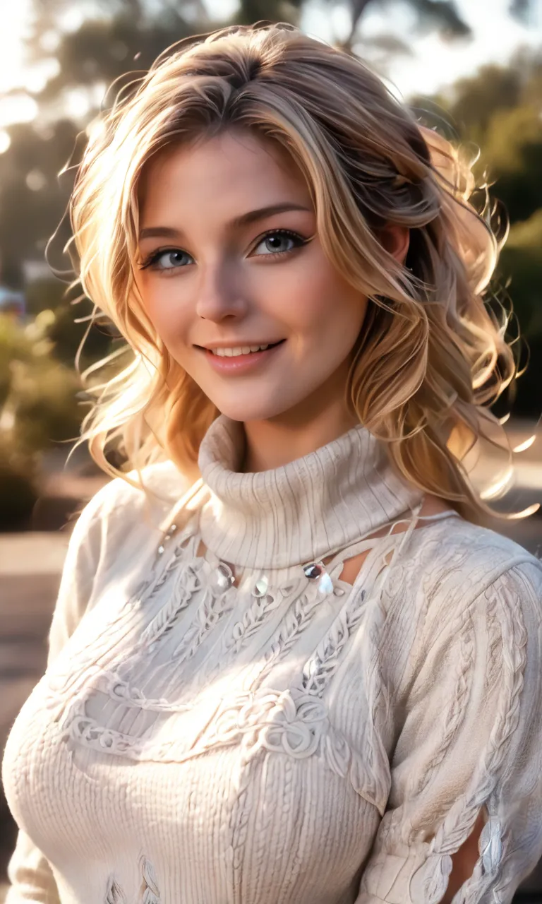 a beautiful blonde haired woman wearing a warm designer sweater, fashionable brand style clothing, visible sweater, Panasonic GH5, happy expression, subtle mood, (best quality,4k,8k,highres,masterpiece:1.2),ultra-detailed,(realistic,photorealistic,photo-re...