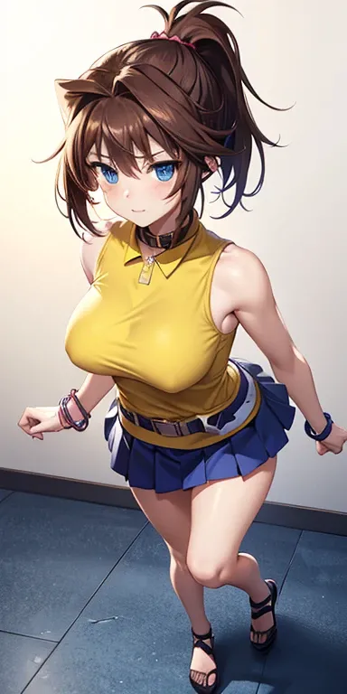  1 female,High Definition,High resolution,  ultra-realistic  ,8K, bbmazaki ,  ponytail ,  hair cap, blue eyes,(( yellow shirt)), collar,  Sleeveless , bracelet,  belt, falda rosa,  Skinny skirt ,(( miniskirt)), tacones altos, big breasts,European,sexy, Clo...