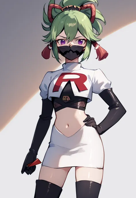 score_9, score_8_up, score_7_up, source_anime, 1girl, solo, cowboy shot, looking at viewer, shiny skin, kuki_shinobu, purple eyes, green hair, ponytail, hair between eyes, hair ornament, sidelocks, navel, ninja mask, team rocket,team rocket uniform,white s...