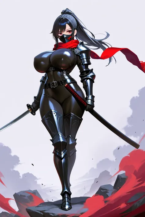 8k,masterpiece, best quality, ultra detailed, high resolution, super fine illustration, 1girl, solo, red eyes, black hair, long hair, ponytail, huge breasts,mask the sides of the face,black bodysuit, gauntlets, greaves, holding katana,red scarf, standing, ...