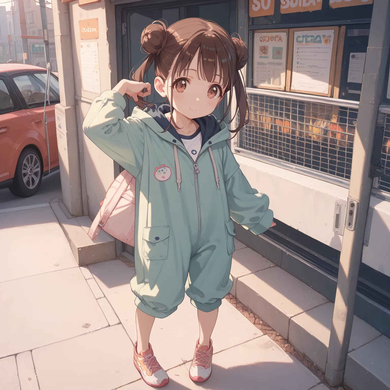 (shiny body=:1.0),(full body=:1.0),(1 girl,solo,sonoda chiyoko,double bun,twintails,brown eyes,brown hair=:1.0),(Hooded Jumpsuit   =:1.0),(ultra detailed,best quality,absolutely resolution=:1.0)