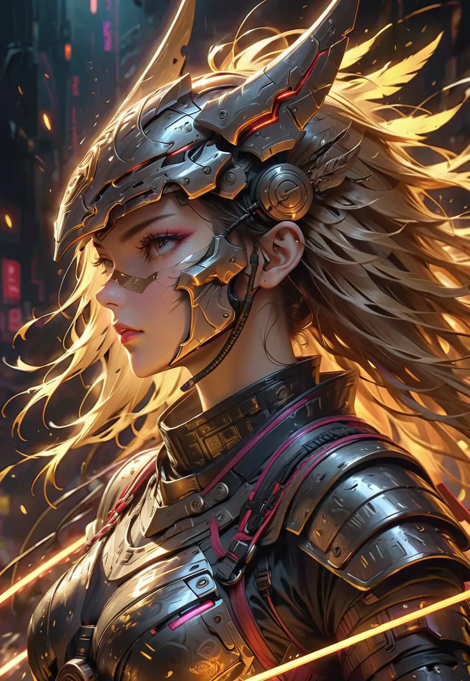 A traditional Japanese ink-on-paper masterpiece blending wabi-sabi aesthetics with a sensual, surreal edge. Image of a cyberpunk robot samurai woman, robot face with mirrored face shield, hyperdetailed helmet, white and neon armor, robot joints, body made ...