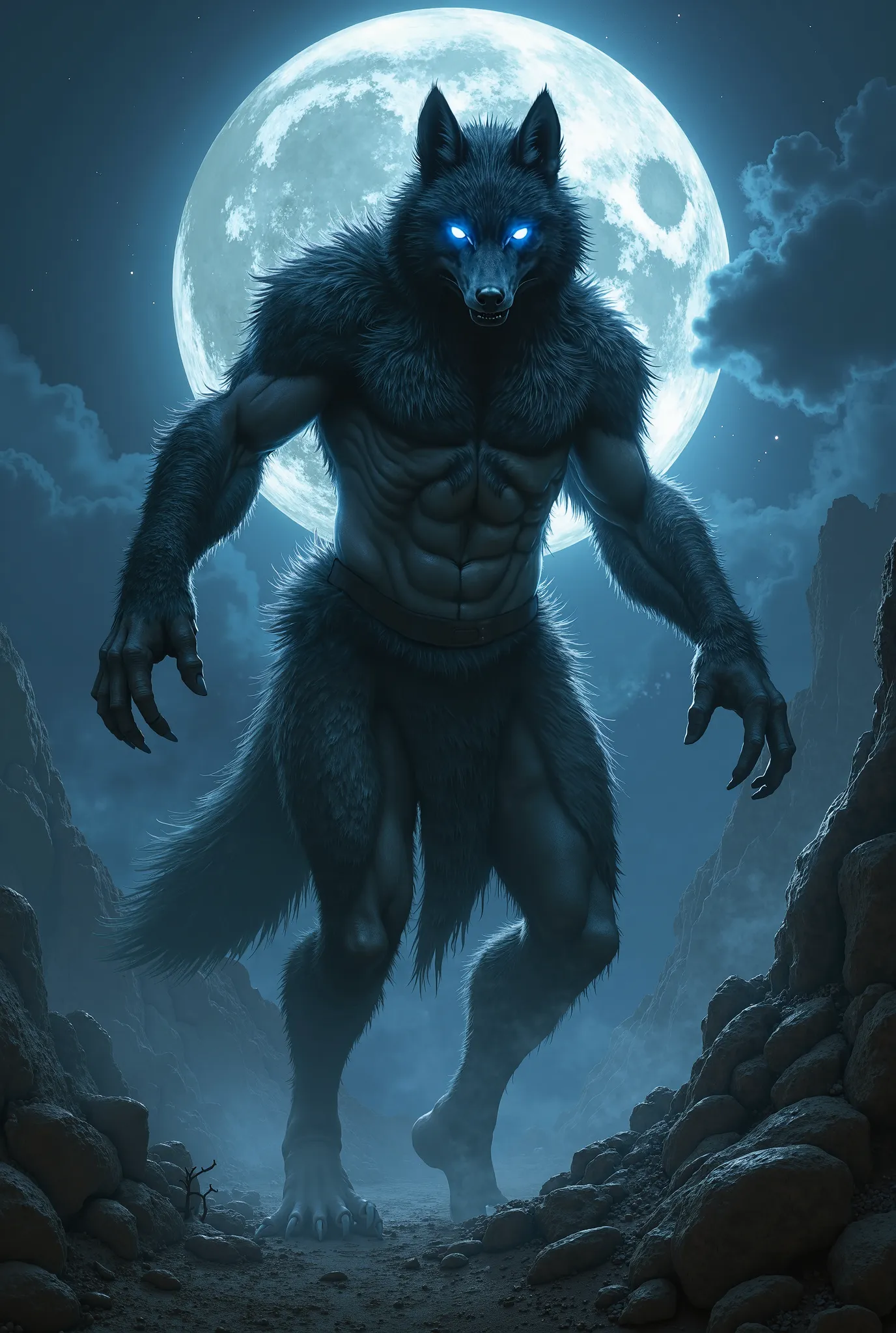 "A mystical fusion of a human and a wolf, transforming into a powerful hybrid creature under the full moon."