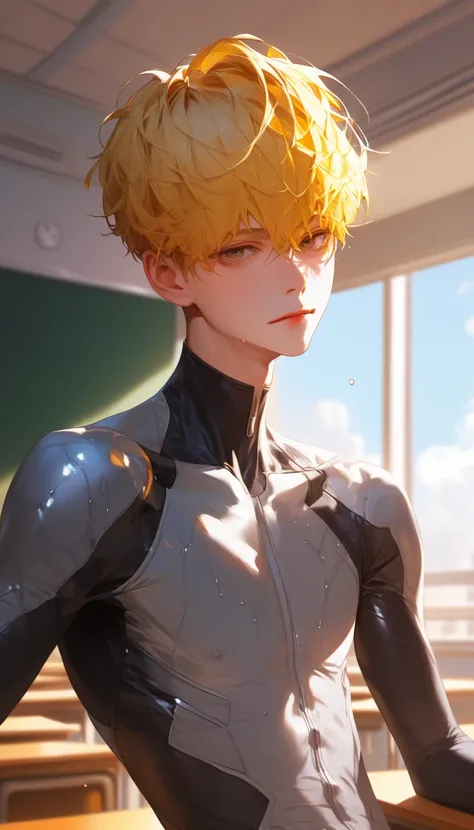  sunshine， ((1 male)),  Korean Comic Style   ， The boy in the gray suit looks bad ，classroom,  young and vibrant ，  very handsome face，root，   white skin，，  wet hairstyle   , Look down， Attractive black eyes,  yellow hair,  expressionless,  in the lyrics, ...