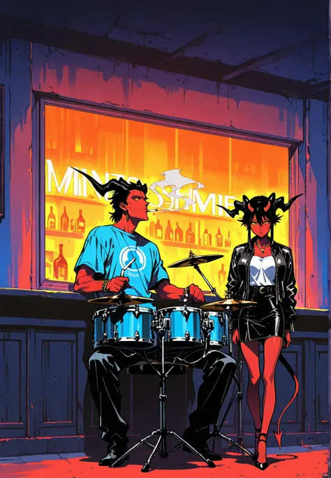  demon girl , red skin,  t-shirt, Horns ,  black leather jacket , average sines, Elegant Jewelry, Nostalgic, (playing drums) ((full body)), bar , windows,Cigarette smoke. Night atmosphere