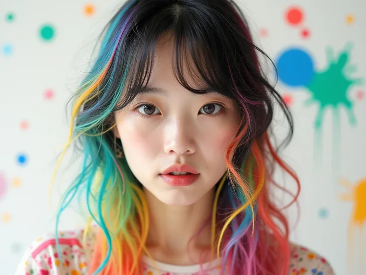 ( best quality , actual, photoactual, photo-actual,  colorful,   sharp focus), (whole body, Wide-angle lens), ( 1 cute Japanese girl ), (Nana Komatsu),Jackson Pollock Action Painting,  dynamic expression ,  colorful hair, (Photographic Art Minimalist:1.1),...