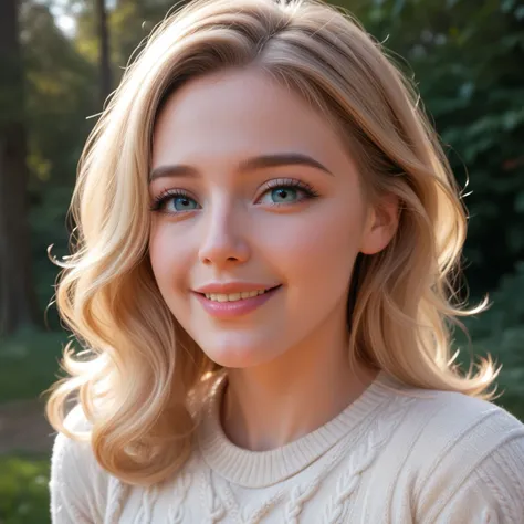 Beautiful blonde haired woman in warm designer sweater, medium wavy bob cut hair, baby face, younger looking face, fashionable designer clothes, eye catching sweater, Panasonic GH5, happy expression, subtle mood, (highest quality, 4k, 8k, high resolution, ...