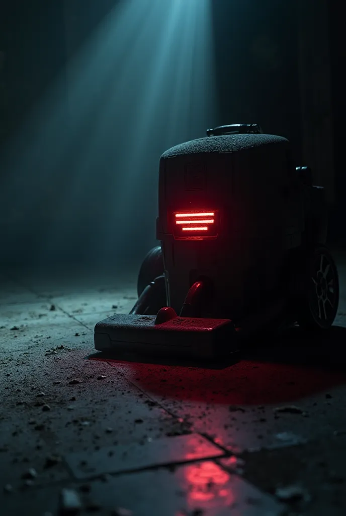 Modern dust-covered vacuum cleaner on the floor of a dark room.  when touched , the logo emits a faint red glow, creating a supernatural atmosphere. The scene is mysterious and slightly disturbing,  with long shadows around .