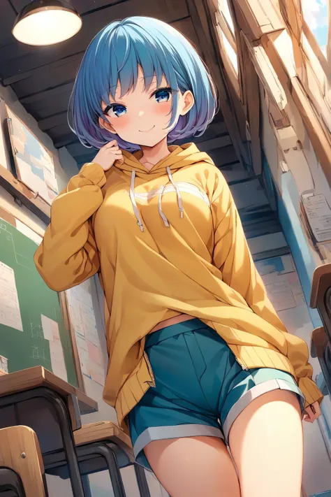 ( masterpiece, top quality,  so beautiful,  super precise), intricate details,  high detailed background, perfect lightingtop quality、 full body, １ girls, 屋内で, classroom, Hazuki Yuzuko、 Lantern、bangs、Short Hair、 blue eyes, black knitted tank top、 yellow ho...