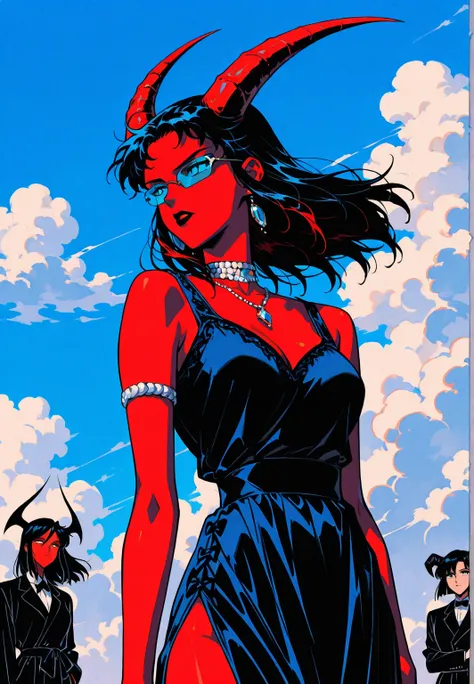  demon girl , red skin, camisilla, Horns ,  elegant clothes, average sines, Elegant Jewelry, aggressive, (Duerme entre clouds), clouds, sky.