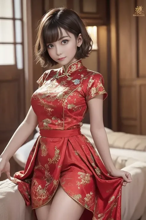  one girl, (((Short Hair))), Bright Chinese Dress, Long dress、( Masterpiece, top quality,  accurate real face ), beautiful expression, 8k, Raw Photos, NFSW, photorealistic,  ,   Color Difference, high resolution,  super detailed, Finely Details, moving lig...