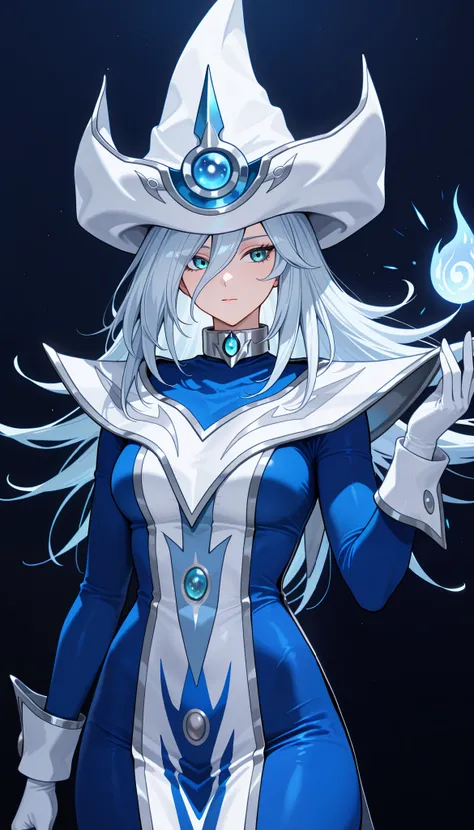 1girl,solo,(silent magician:1.2),blue_sleeves under glove,white glove,closed mouth,silver Collar,long gloves,long skirt,upper body,beautiful face,