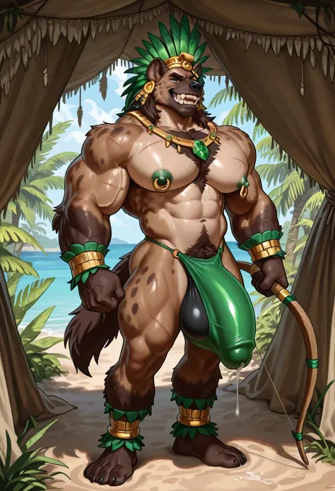 bara hyena, shortstack, massive snout, black-borwn skin, very large pecs, strong physique, very muscular, perfect anatomy, masterpiece, wrinkles, old, short but wide body, detailed eyes, strong jaw, giant biceps, shirtless, very hairy pectorals, solo, grea...