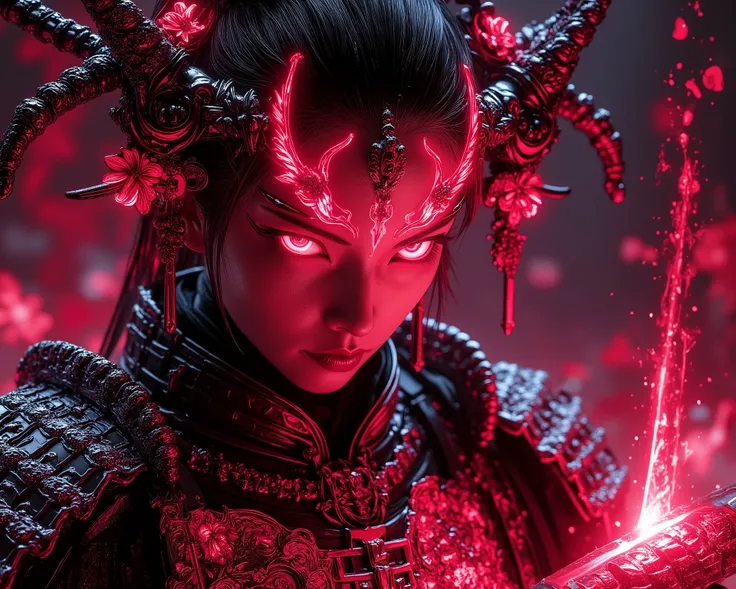 A (((samurai with a glowing red spider Lily on her forehead))), adorned with delicate (((Lily flower patterns))), which seem to radiate out from her face, blending seamlessly with the (((traditional Japanese garb))) that she wears. The atmosphere is one of...