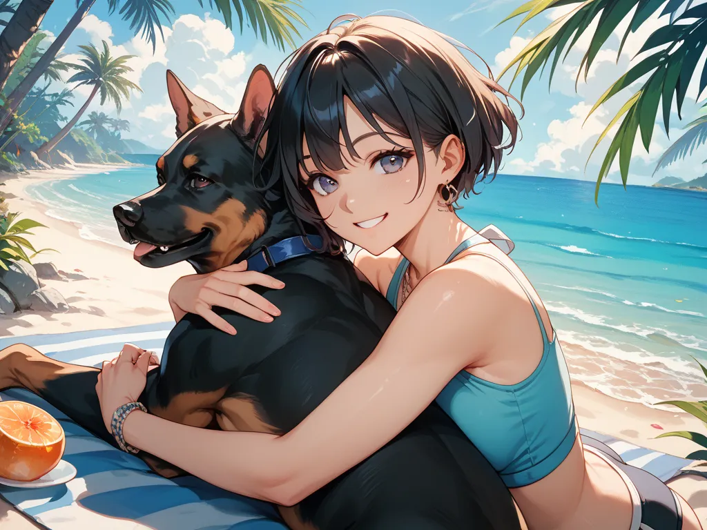  healthy woman 、Smiling at the beach、A dog snuggling up beside you、black short hair