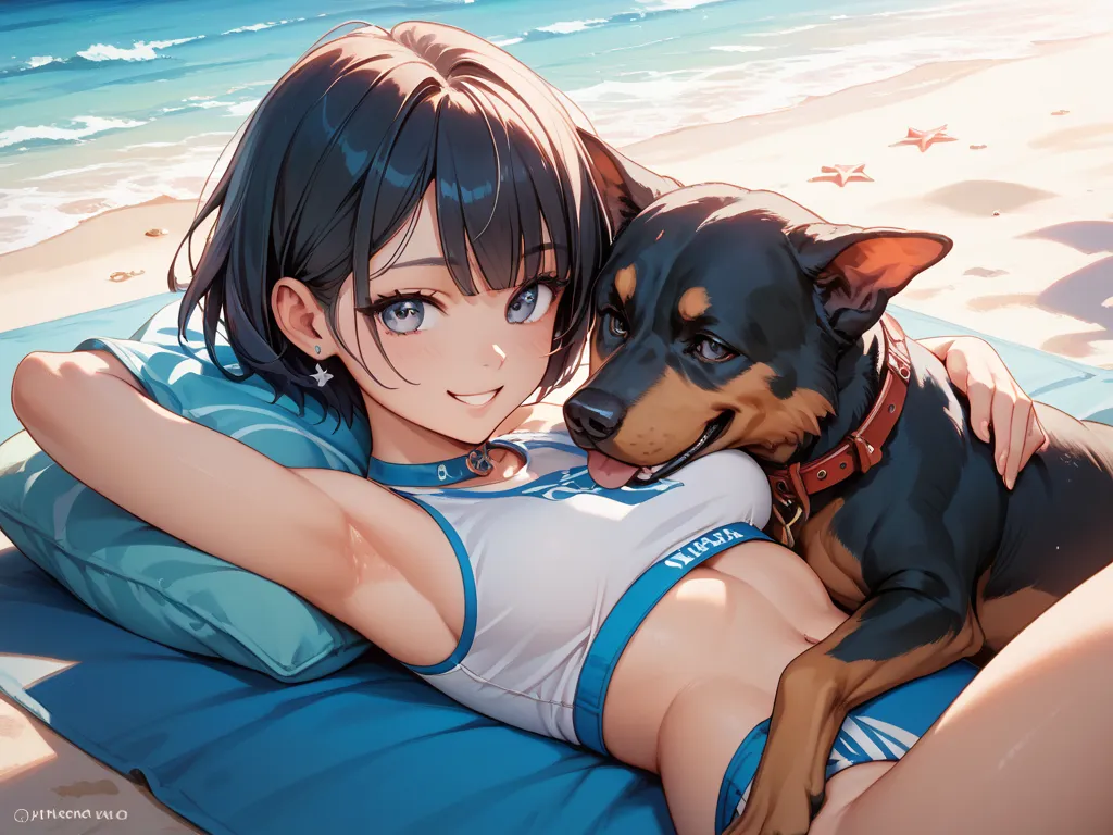  healthy woman 、Smiling at the beach、A dog snuggling up beside you、black short hair