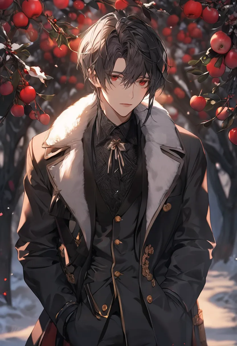 36-year-old male    ,   hair color negro   ,    hair  ,  red eyes ,    eyes  ,  elegant winter suit  ,     masterpiece,    High resolution, quality ,  Under the Apple Trees    ,     Attractive face , very detailed face, very detailed body , primera persona...