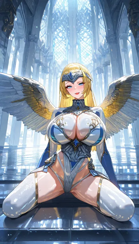 A Swan Female ,Perfect body,Oppai, (Yellow hair, long hair, straight hair), White Swan Metal Wings Forehead Protector, Blue eyes, (A pair of Big Swan Wings)(Wings folded), Wearing A White Swan Crystal Loose Armor,Torogao, seductive smile,(Kneeling on the f...