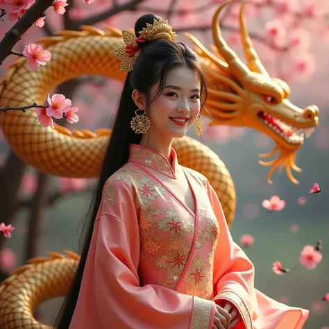  A beautiful long-haired Chinese jilita woman wearing a bright red dhonghua dress and golden orange cherry blossom motif, charming smiles ,  posing under a cherry blossom tree,dry foliage flies hovering, next to it there is a very majestic yellow dragon, S...