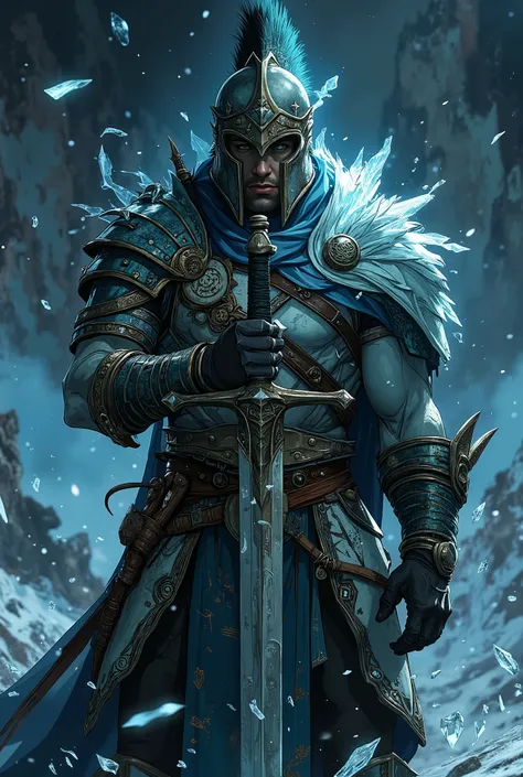 Masculine Ice Spirit, warrior, imposing, wearing Spartan armor,  wielding a sword made of ice,  soldier, night,  High quality,  8k quality,  a very detailed face, cinematic