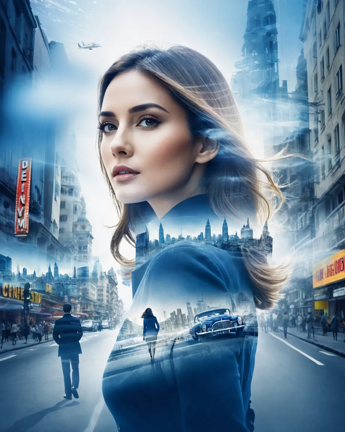 (   double exposure ), 1 Beautiful woman, 1 man behind her,  Cinema style, poster realistic quality, dynamic style, below is the city scene,  navy blue , 