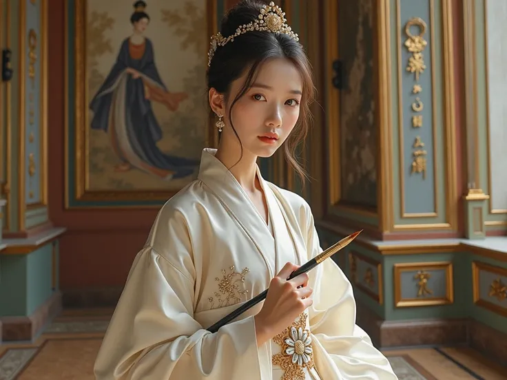 Korean fashion beautiful girl painting，Painting in an art museum，Holding a brush