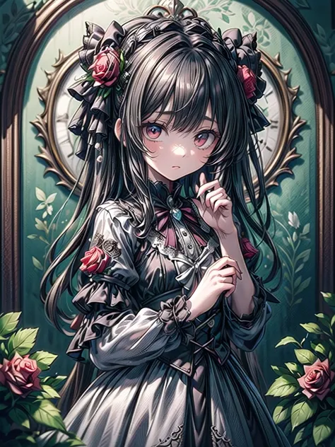 masterpiece, best quality, high quality, detailed, ultra detailed, hyper detailed, insanely detailed, exquisite, beautiful, , gothic lolita fashion, high-quality depiction, hyper-realism, black and white dress, velvet and silk texture, fine lace and ribbon...