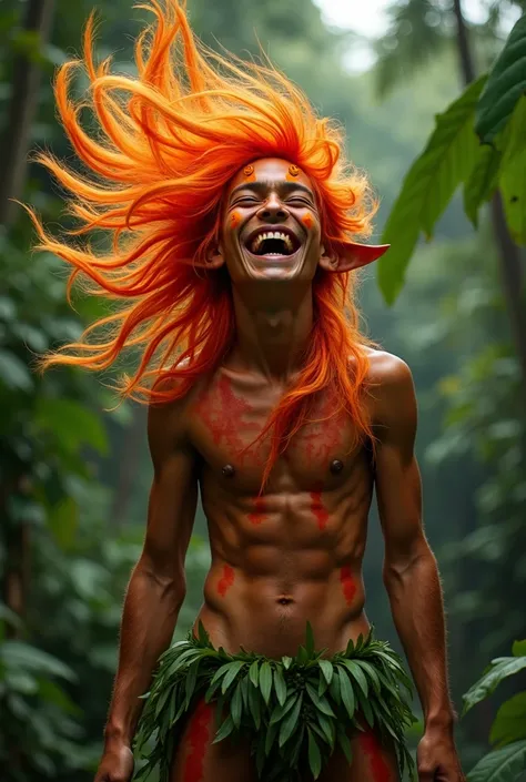  boy, s, Brazilian indigenous,  red skin,  with fiery red hair, on fire, flaming,  long and messy. wind in the hair.   Yellow Eyes. Oriental Asian Eyes.  Elf Ears. laughing, gaping and mockery. shirtless.  muscular body. Excess long red hair all over the b...