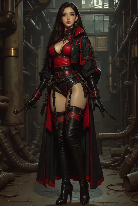 best quality,4k,8k,highres,masterpiece:1.2),ultra-detailed,(Ultra-realistic, photorealistic,photo-realistic:1.37), best quality, highres, 4k, 8k, amazing quality, Photo full portrait of photo real. black and red leather steampunk woman. black and red thigh...