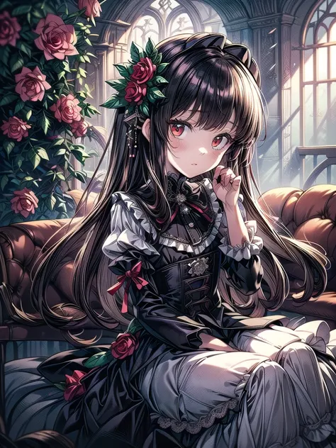 masterpiece, best quality, high quality, detailed, ultra detailed, hyper detailed, insanely detailed, exquisite, beautiful, , gothic lolita fashion, high-quality depiction, hyper-realism, black and white dress, velvet and silk texture, fine lace and ribbon...