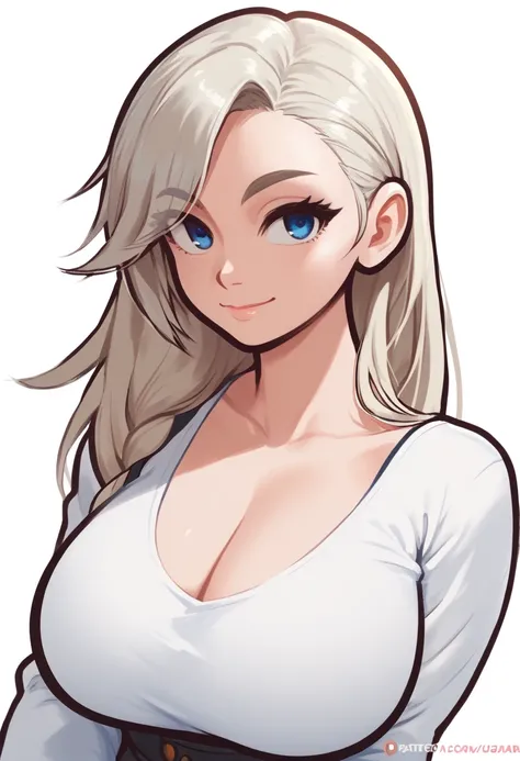 score_9, score_8_up, score_7_up,  
1girl, marie 18, platinum blonde hair, long hair, blue eyes, asymmetrical hair, huge breast,
white background , upper body, face, white t-shirt, cleavage, long sleeves, smile, closed mouth, looking at viewer,