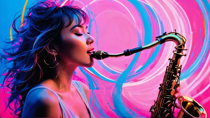  creates an appealing image of a woman playing a saxophone ,  surrounded by the fantastic glow of neon blue and neon pink rings ,  reminds me of the movement of electrons .  uses various brush strokes 、 creates a dynamic and visually stunning composition ....