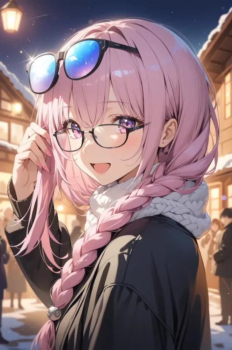  anime style, :Zero, Emilia style woman ,   semi-long hair,   An old folk house cafe illuminated at night
In the background ,  Rake up your hair and ramen 、 beautiful woman,   is all wearing cute winter clothes .  Small magatama beads on the eyes , Sparkli...