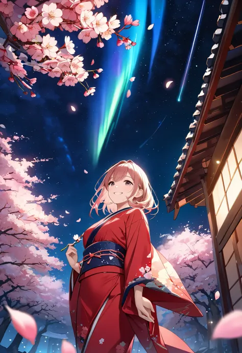 A teenage girl in her late teens stands gracefully in front of a backdrop of night-time cherry blossoms in full bloom. She is wearing a vibrant red and gold kimono and gently smiles at the viewer. Cherry blossom petals float through the air, while countles...