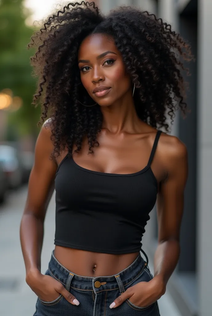 A breathtakingly beautiful Black woman with striking and unique facial features. She has deep, expressive eyes, full lips, and high cheekbones that give her an elegant yet confident presence. Her rich, dark skin glows with a smooth, radiant complexion. Her...